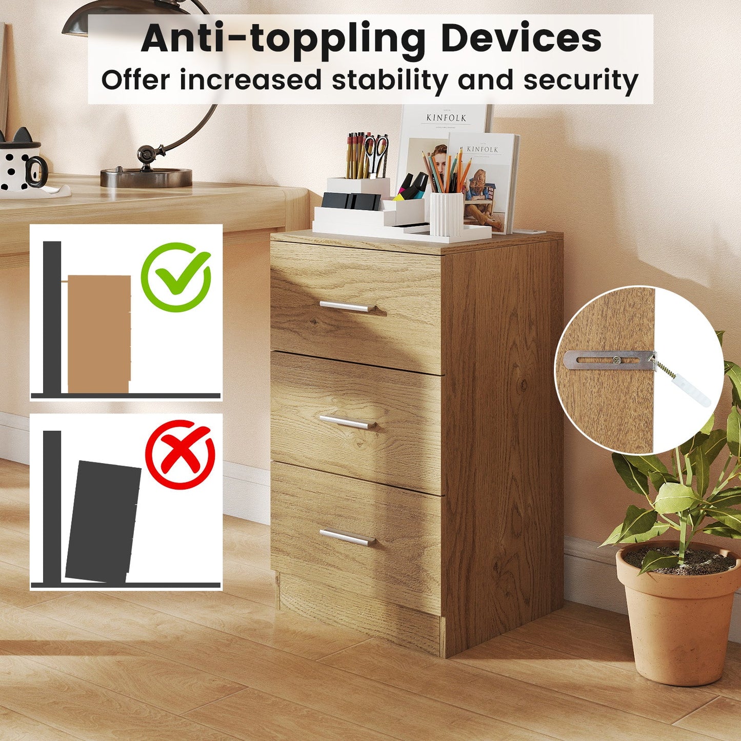 Nightstand with Charging Station End Table with 3 Storage Drawers Bedside Table for Bedroom