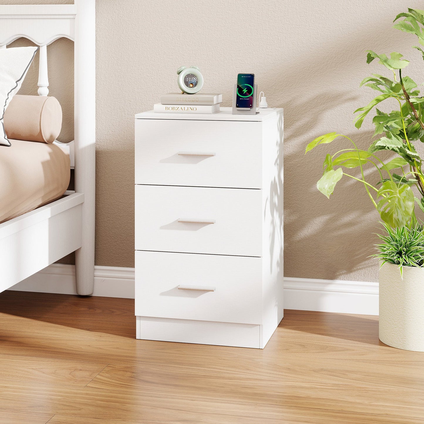 Nightstand with Charging Station End Table with 3 Storage Drawers Bedside Table for Bedroom