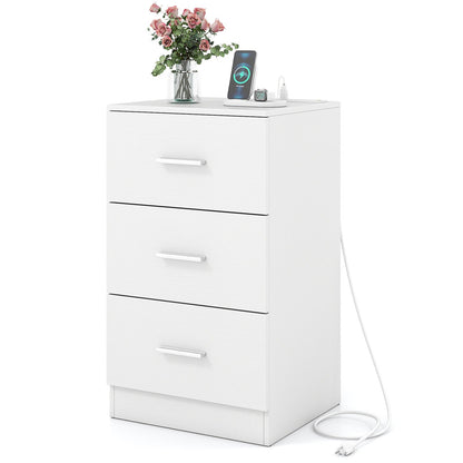 Nightstand with Charging Station End Table with 3 Storage Drawers Bedside Table for Bedroom