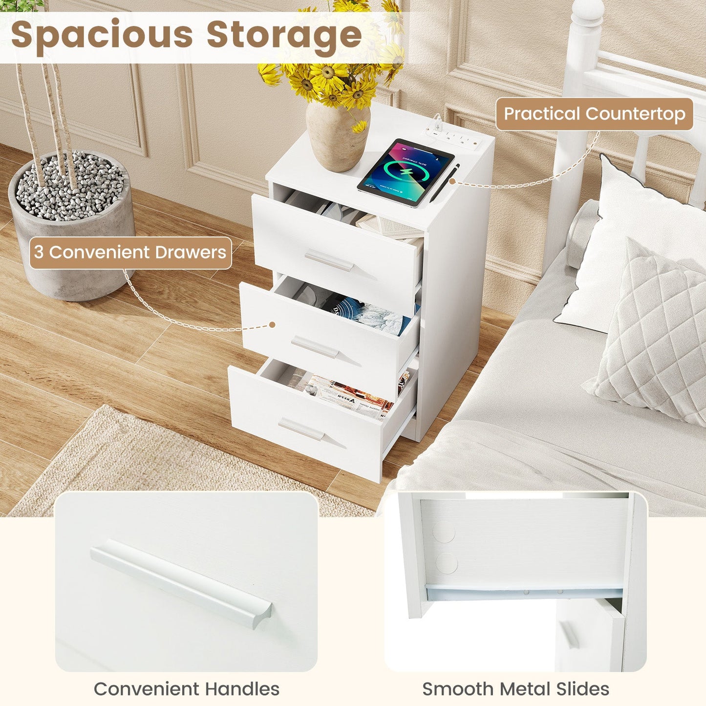 Nightstand with Charging Station End Table with 3 Storage Drawers Bedside Table for Bedroom