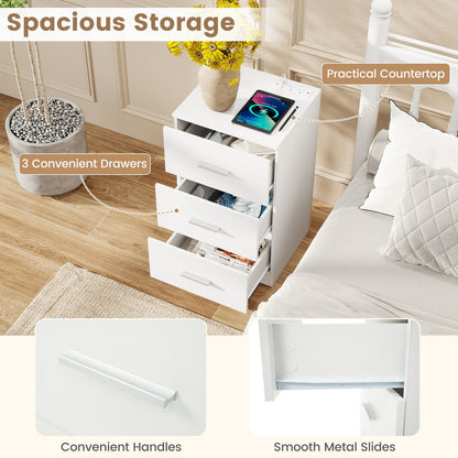 Nightstand with Charging Station End Table with 3 Storage Drawers Bedside Table for Bedroom