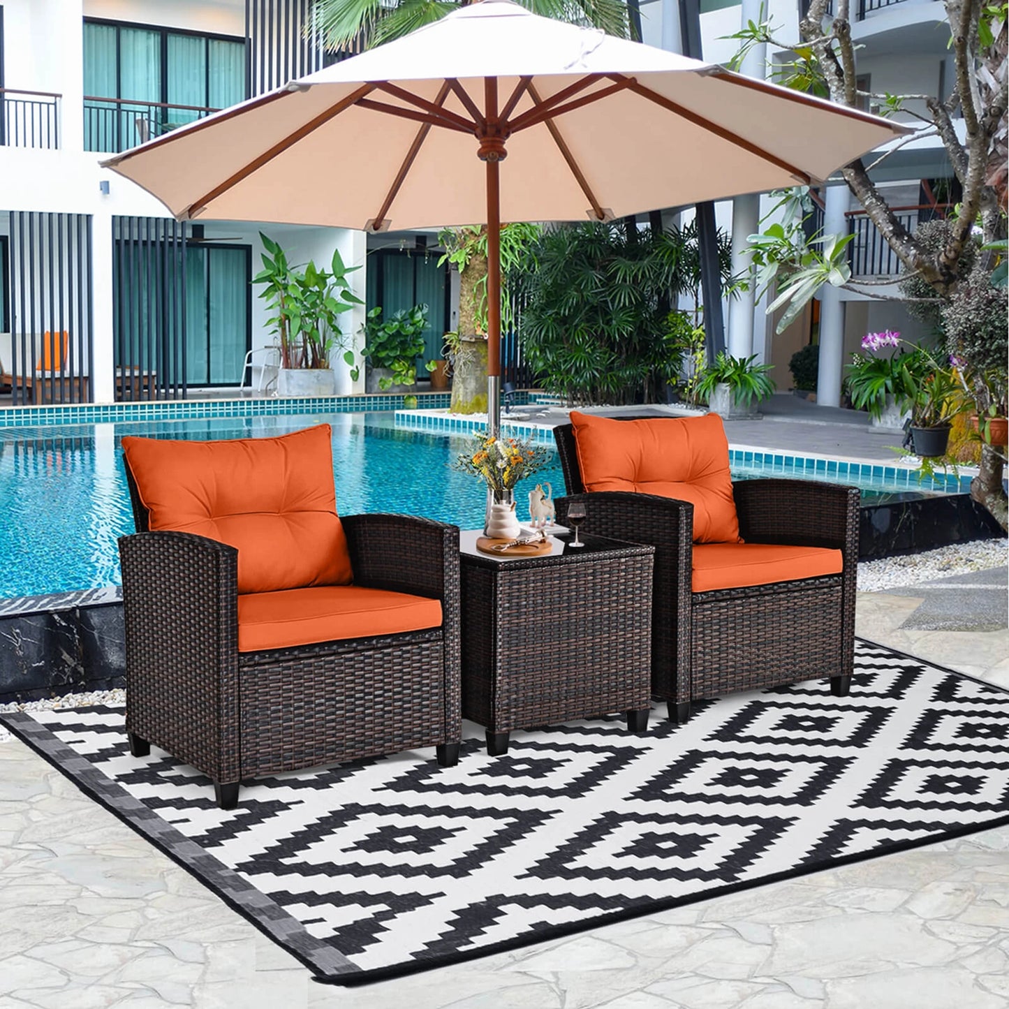 3 Piece Patio Rattan Furniture Set Cushioned