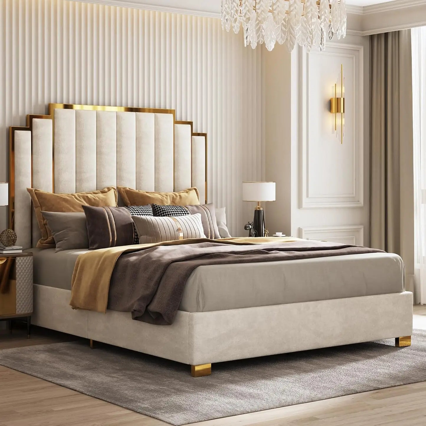 King Size Upholstered Bed, Modern Velvet Frame
