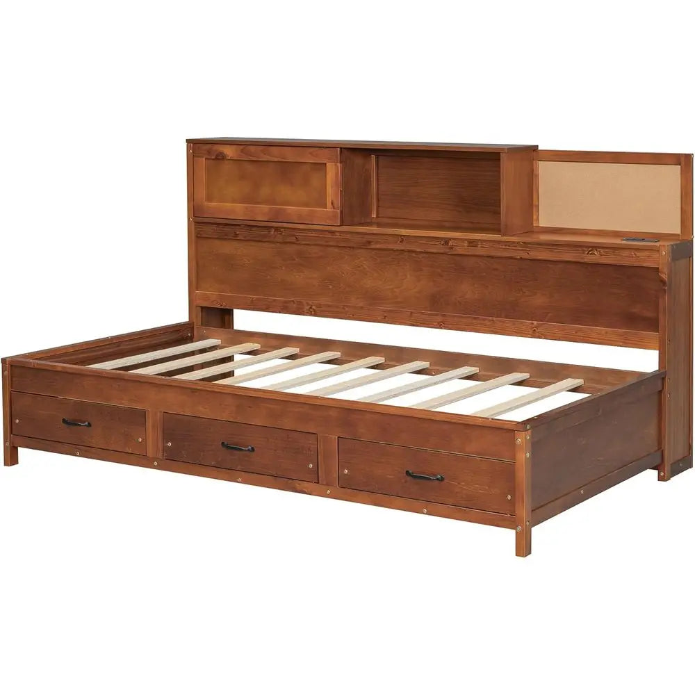Wooden Daybed with 3 Storage Drawers and Shelves