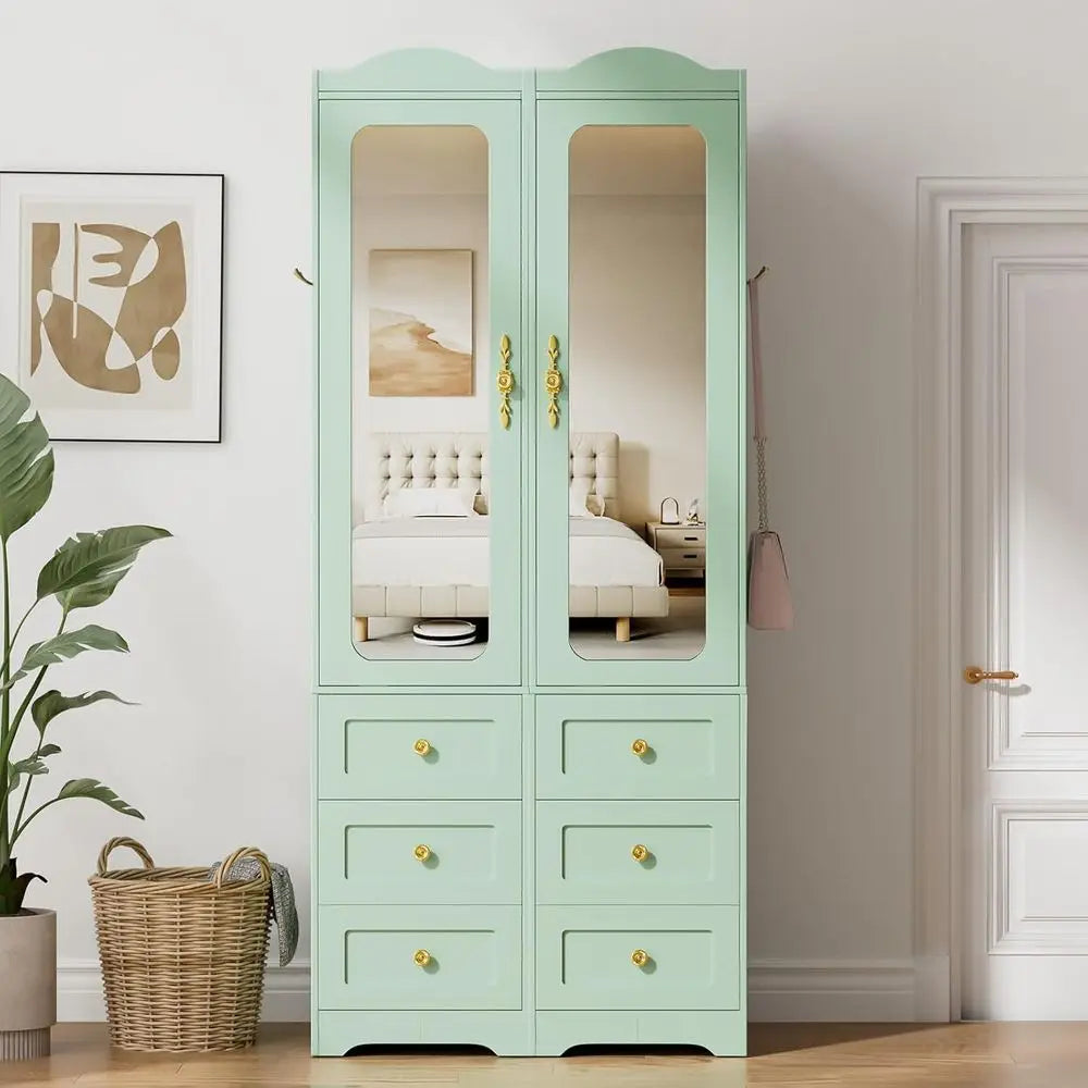 Green  Armoire with Mirror Door and 6 Drawers