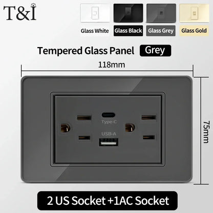 118 Series 118*75mm Tempered Glass US Thai Wall Socket Dual USB Type-C Ports Light Switch Smart Home Appliance 110V Home Office