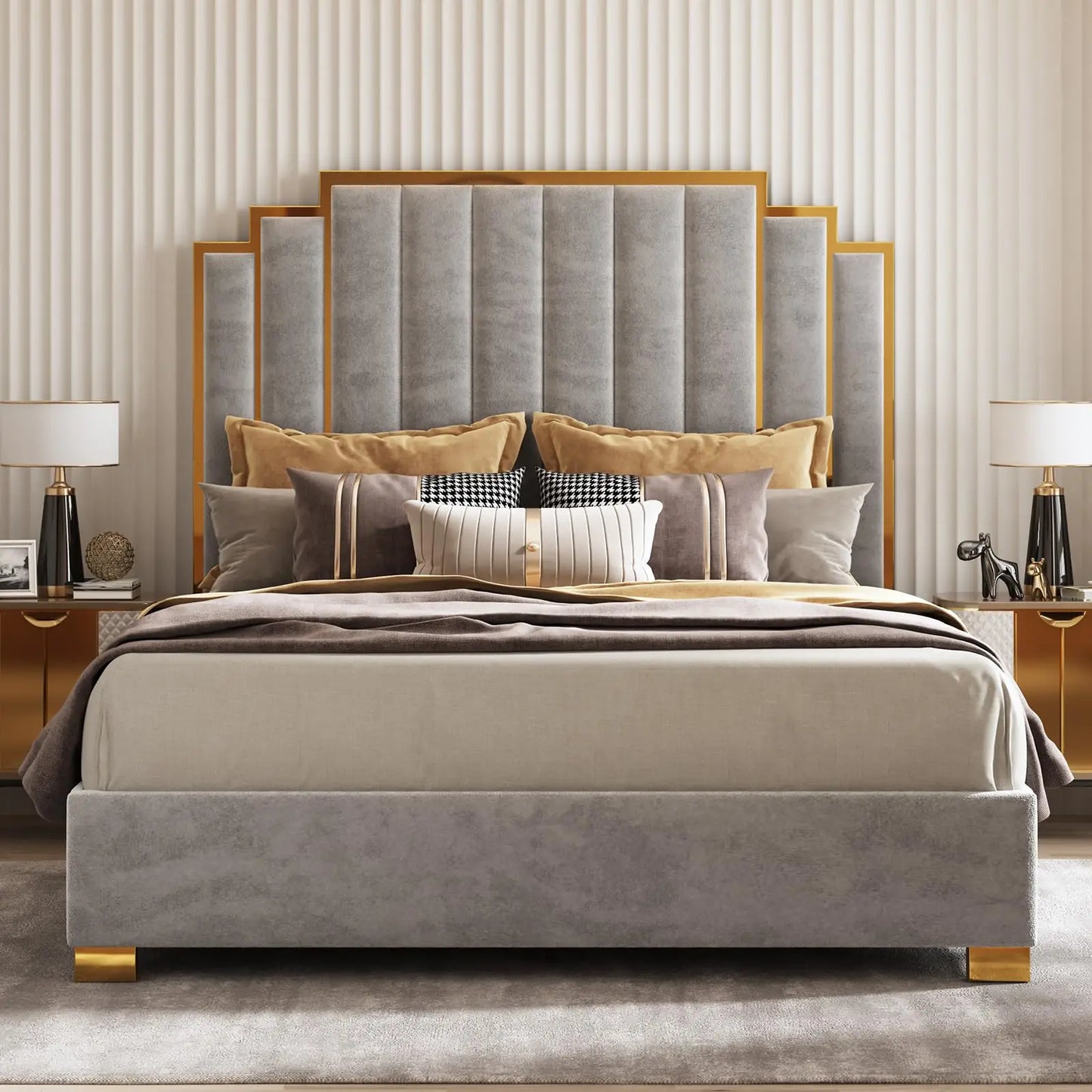 King Size Upholstered Bed, Modern Velvet Frame