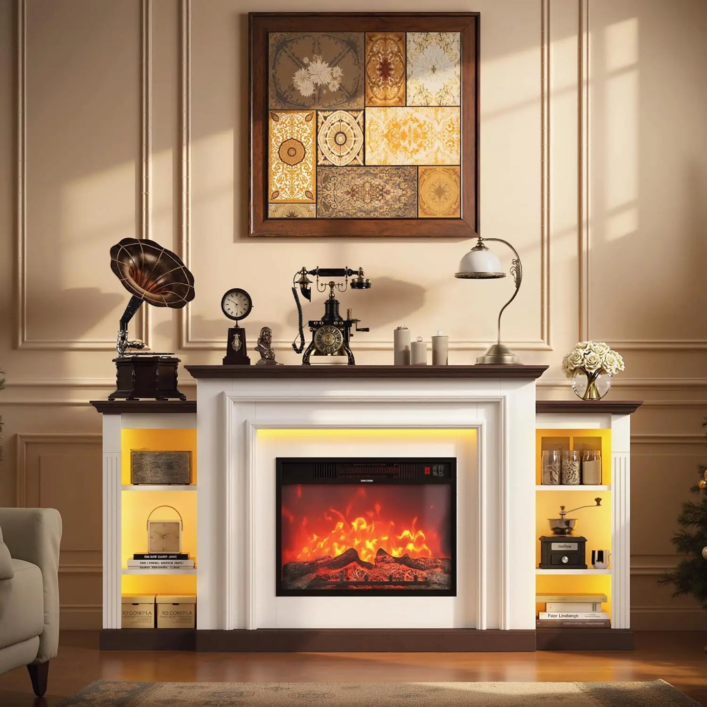 72'' Electric Fireplace Mantel, Entertainment Center Open Storage