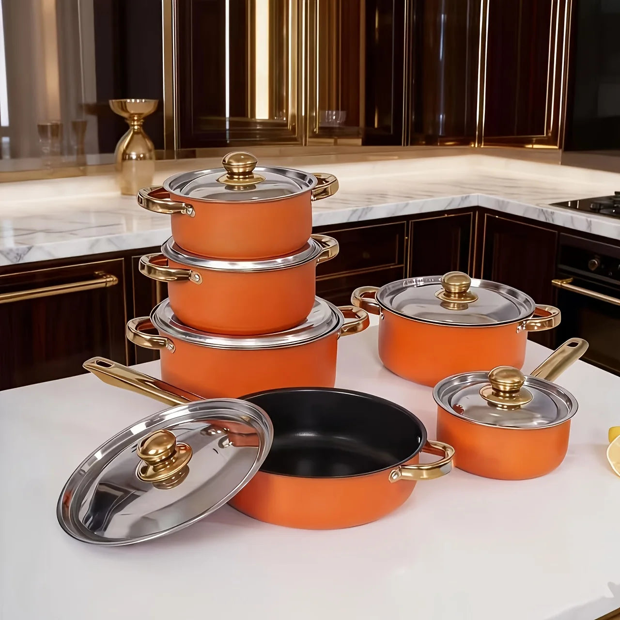 13pcs Stainless Steel Cookware Set, Golden Handles