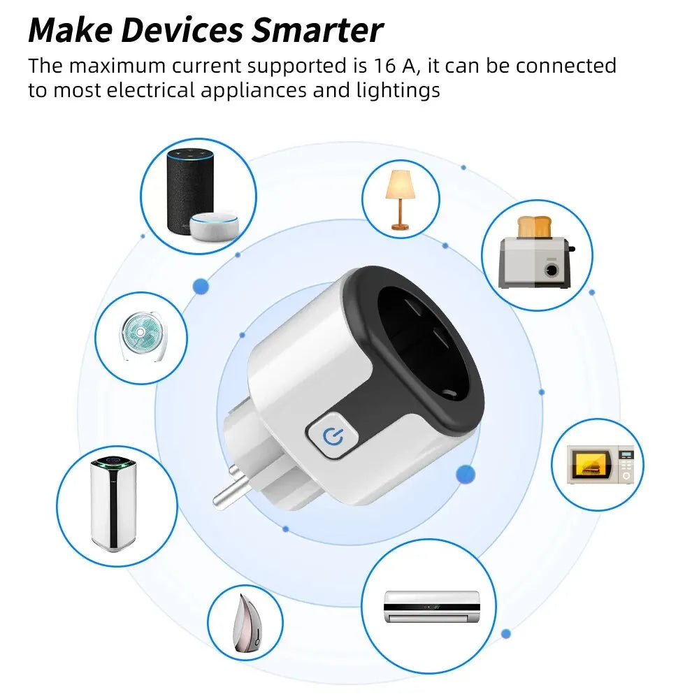 WiFi EU Smart Socket Plug With Tuya App Outlet 20A Adapter Power Monitor Wireless Remote Control APP For Google Home Alexa