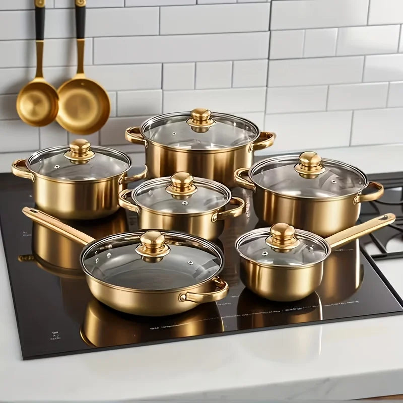 13pcs Stainless Steel Cookware Set, Golden Handles