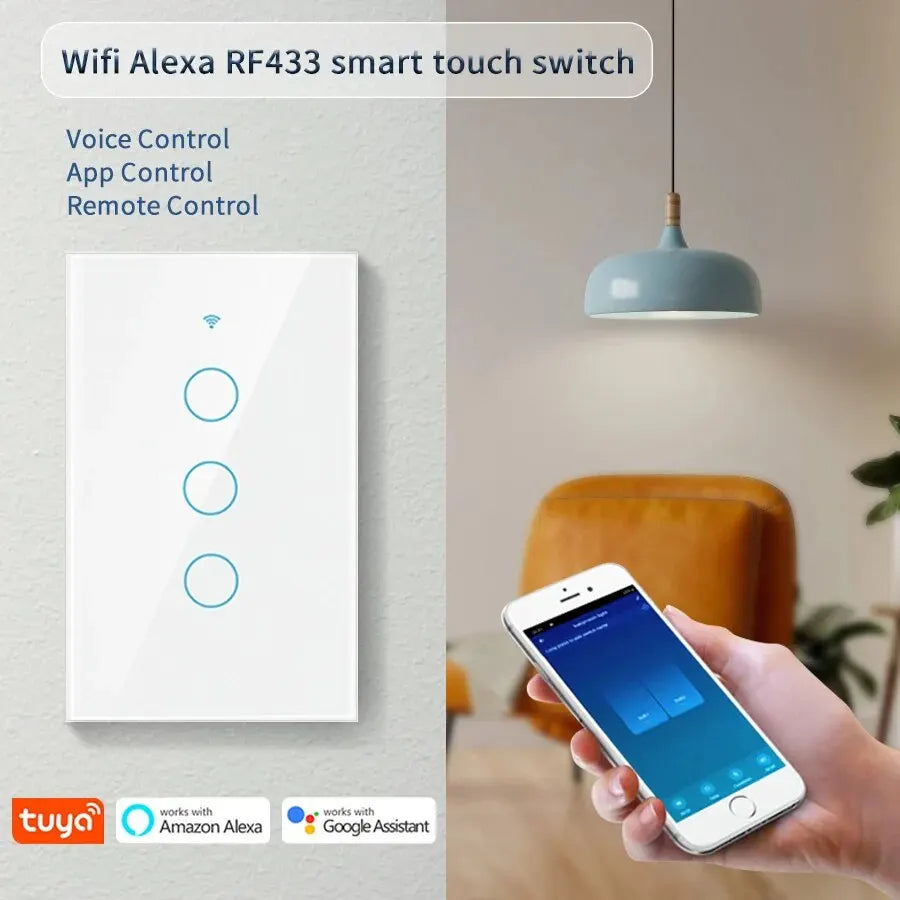 Tuya Smart Switches US Neutral Wire/No Neutral Wire Required 1/2/3/4 Gang Light WiFi Touch Switch Work with Alexa Google Home