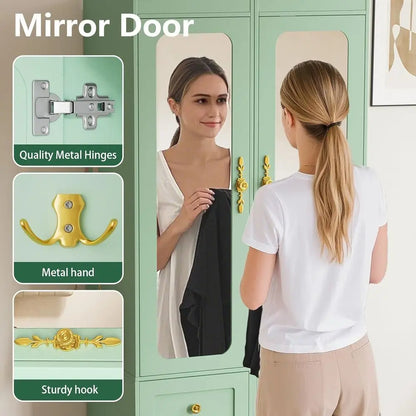 Green  Armoire with Mirror Door and 6 Drawers