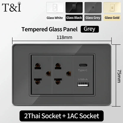 118 Series 118*75mm Tempered Glass US Thai Wall Socket Dual USB Type-C Ports Light Switch Smart Home Appliance 110V Home Office