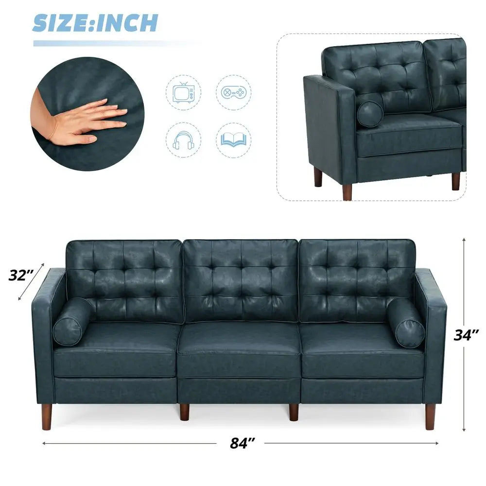 Faux Leather, Tufted Backrest, Couch, Pillows, MidCentury