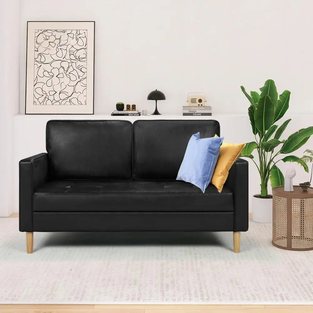 Black Faux Leather MidCentury Modern Comfy Loveseat