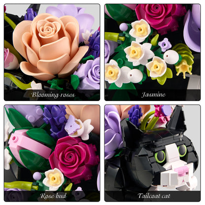 Cat Rose Bouquet Planter Building Blocks Set