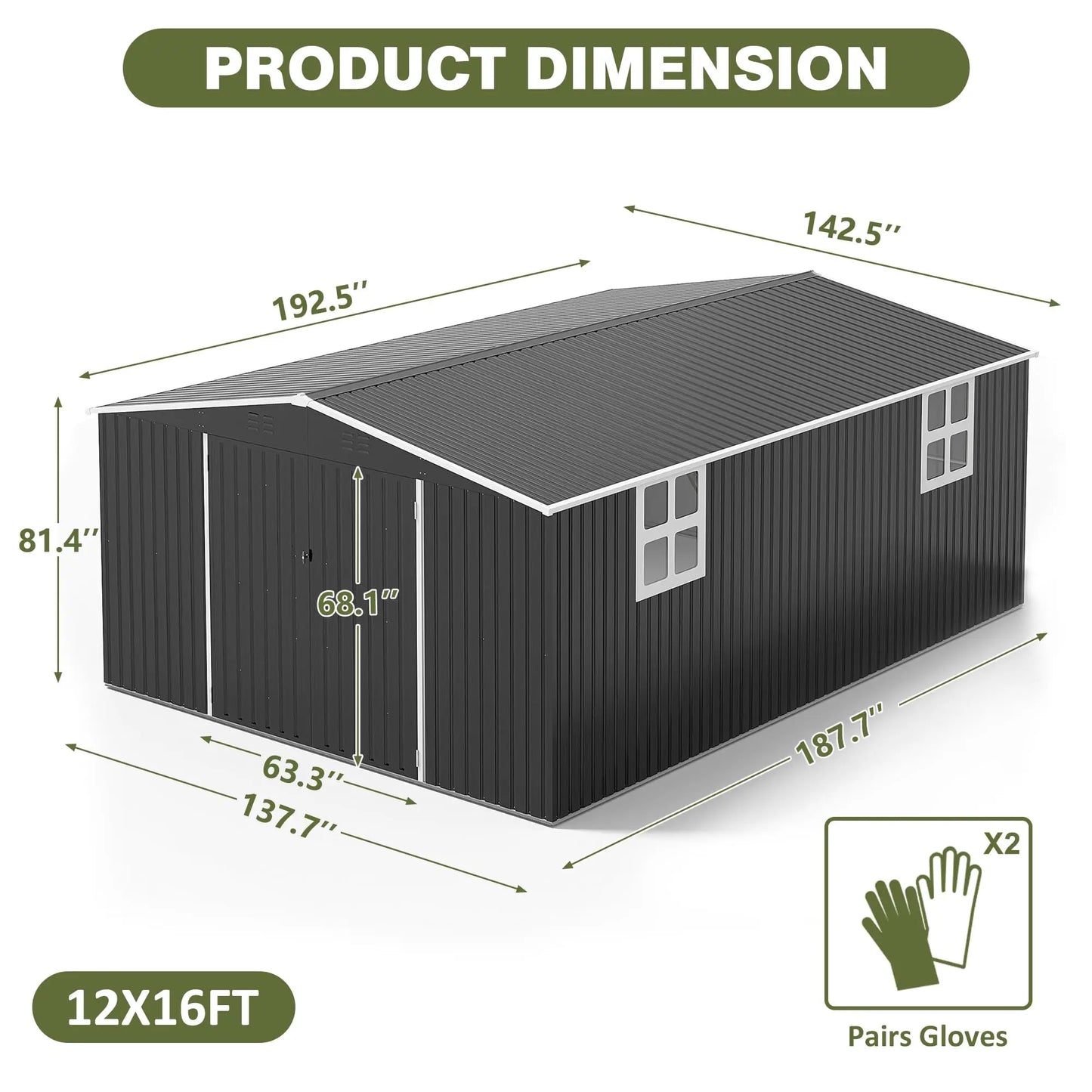 10x10~12x18FT Metal Storage Heavy-Duty Frame Shed