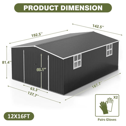 10x10~12x18FT Metal Storage Heavy-Duty Frame Shed