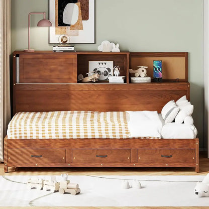 Wooden Daybed with 3 Storage Drawers and Shelves