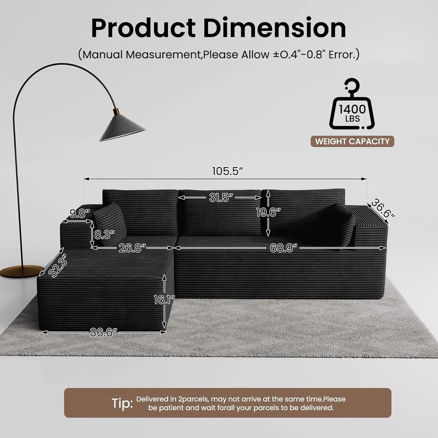 Sectional Boneless Couch 106' Left-Facing, L-Shaped