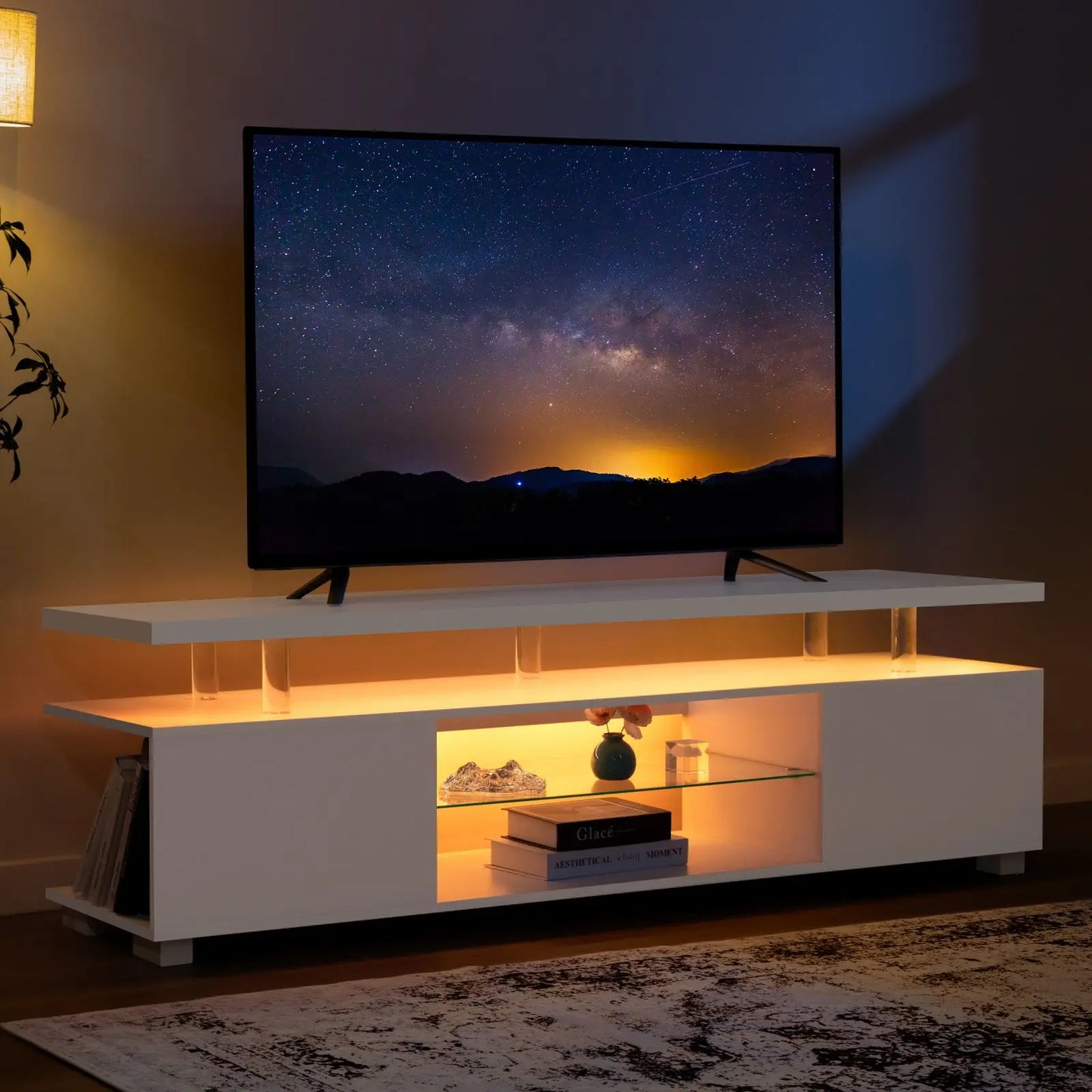 LED TV Stand White Entertainment Center, Storage