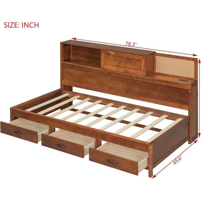 Wooden Daybed with 3 Storage Drawers and Shelves