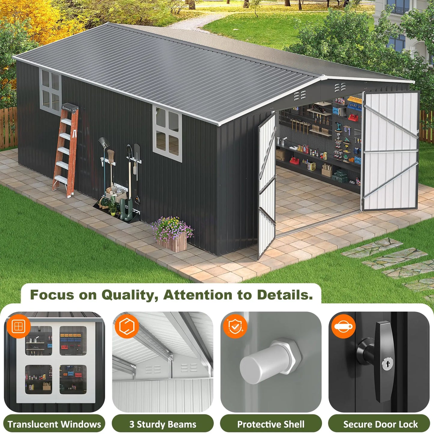 10x10~12x18FT Metal Storage Heavy-Duty Frame Shed