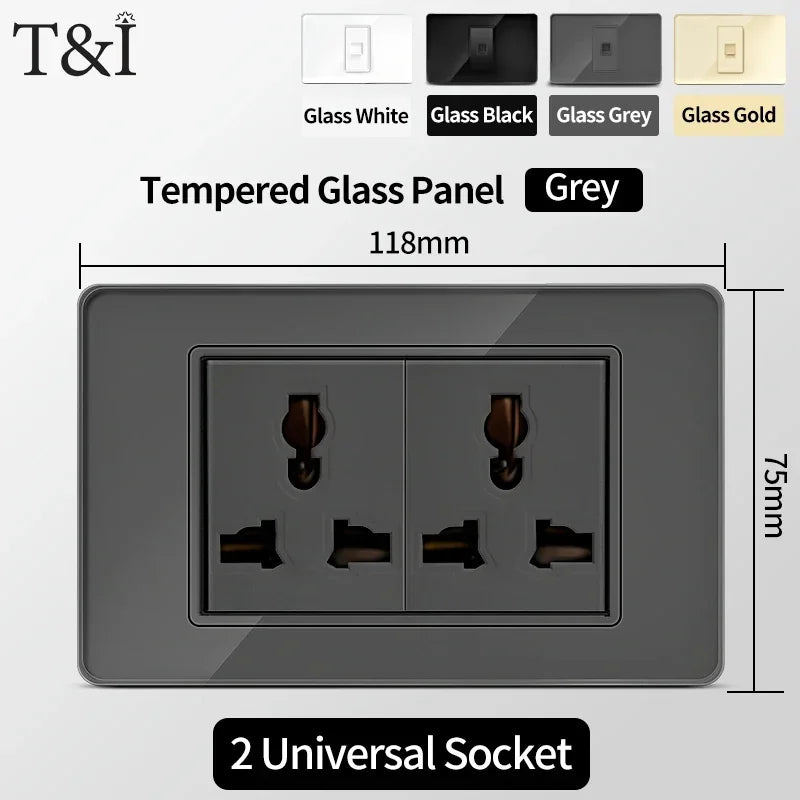 118 Series 118*75mm Tempered Glass US Thai Wall Socket Dual USB Type-C Ports Light Switch Smart Home Appliance 110V Home Office
