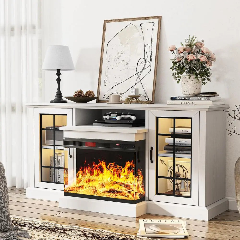 Fireplace TV Stand, Sided Glass Media Entertainment Center
