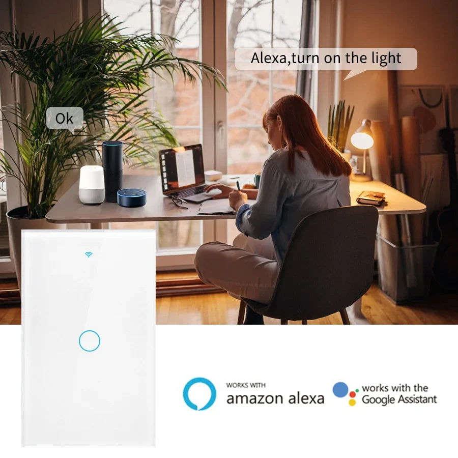 Tuya Smart Switches US Neutral Wire/No Neutral Wire Required 1/2/3/4 Gang Light WiFi Touch Switch Work with Alexa Google Home