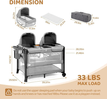 Twin Bassinet for Baby, Bedside Sleeper and Playpen