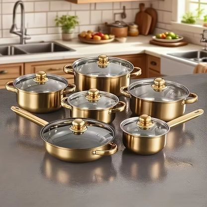 13pcs Stainless Steel Cookware Set, Golden Handles