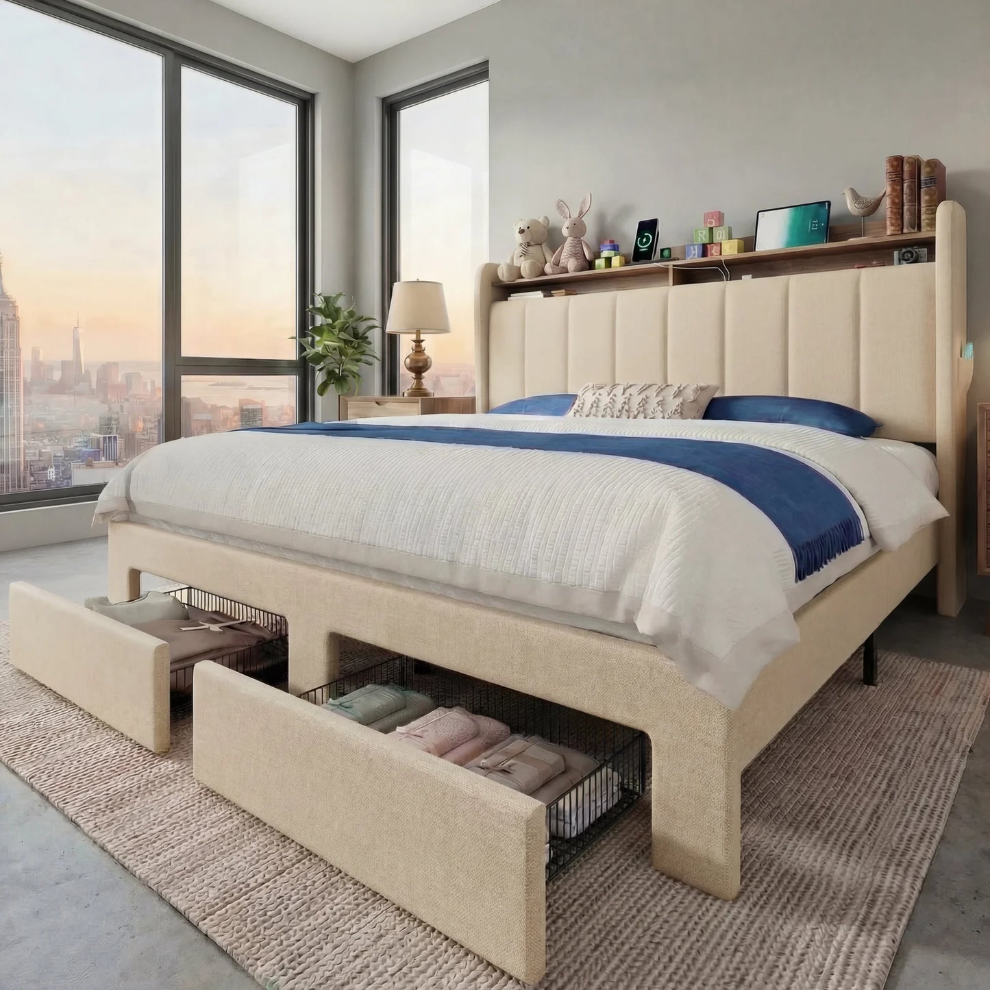 Bed Frame, 2 Storage Drawers/Tier Shelves