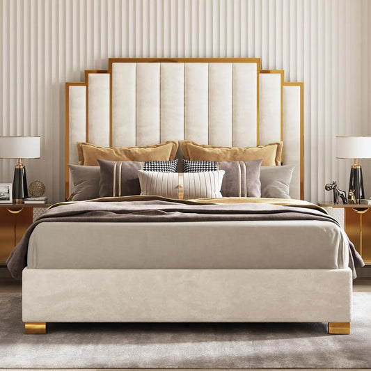 King Size Upholstered Bed, Modern Velvet Frame