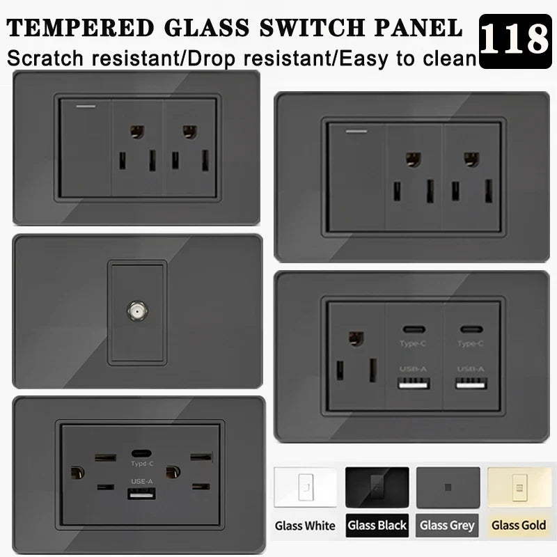 118 Series 118*75mm Tempered Glass US Thai Wall Socket Dual USB Type-C Ports Light Switch Smart Home Appliance 110V Home Office