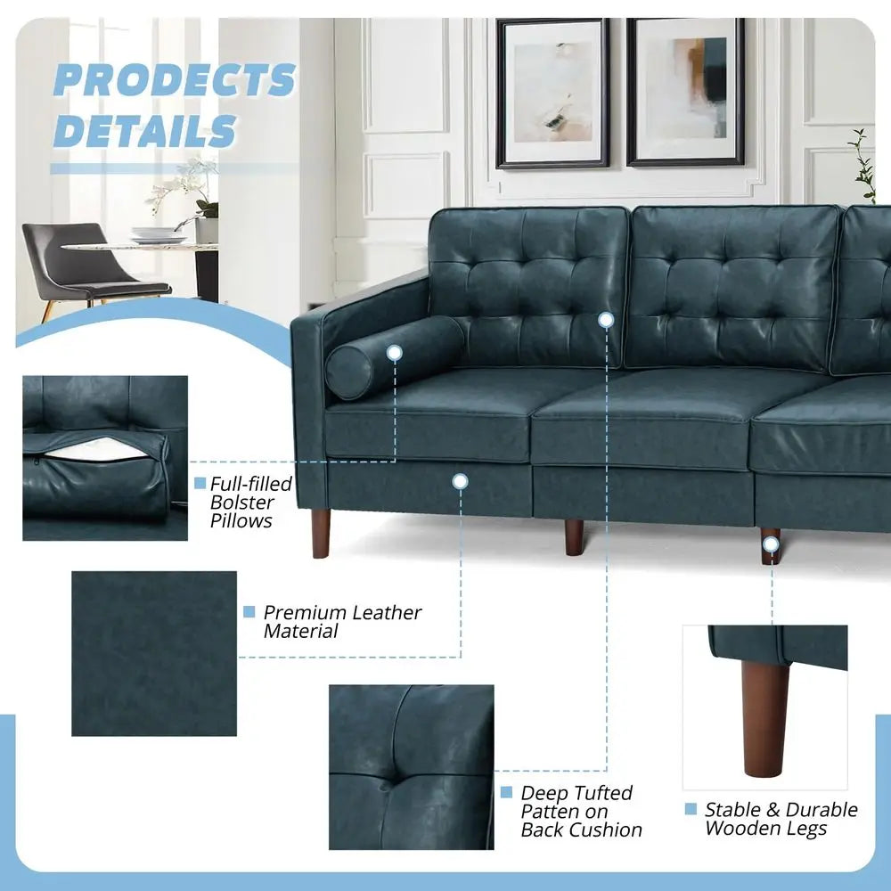 Faux Leather, Tufted Backrest, Couch, Pillows, MidCentury