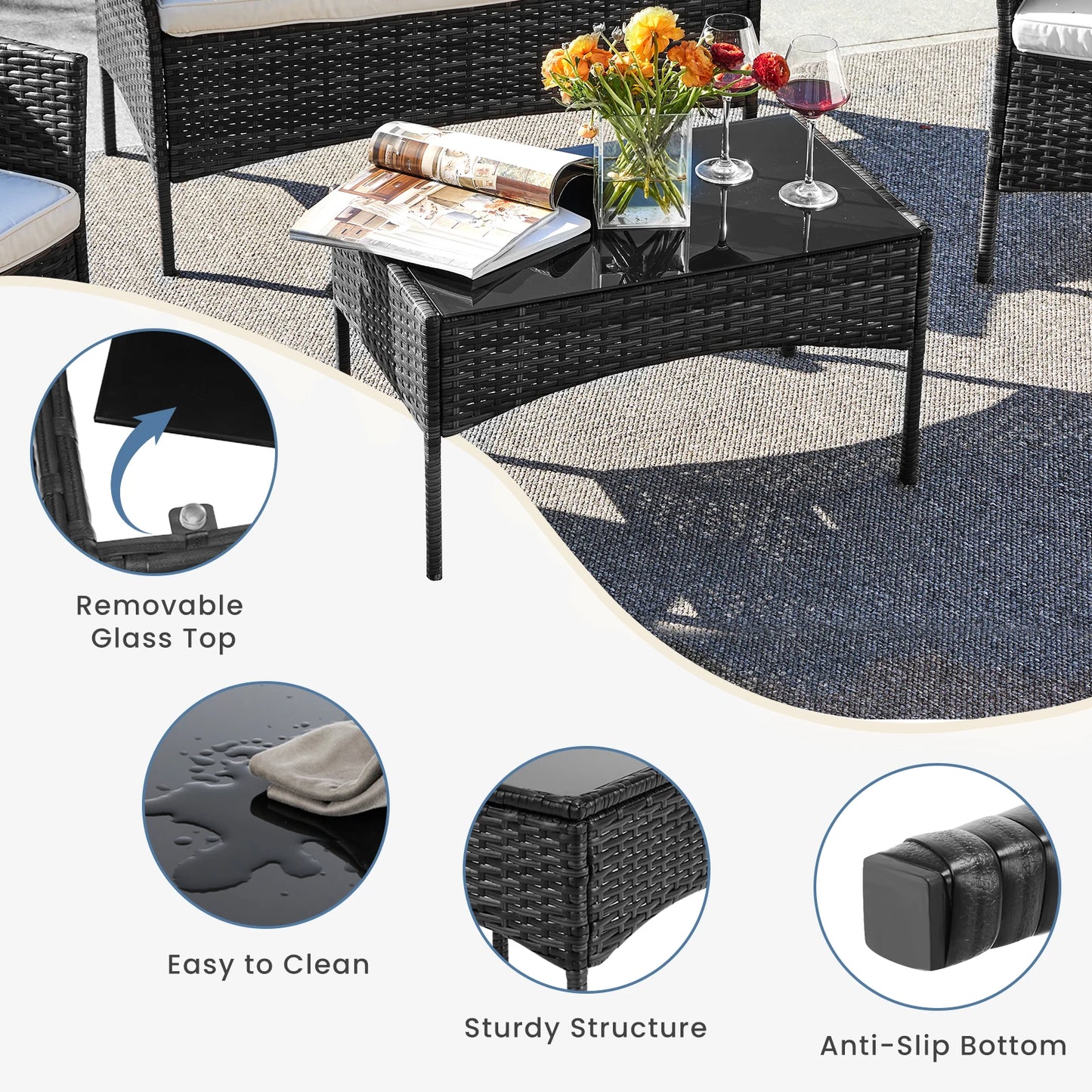 Outdoor Patio Soft Cushion chairs Glass Table