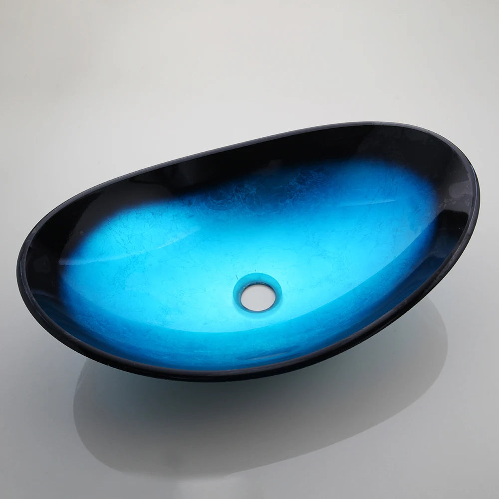 KEMAIDI Bathroom Sink Tempered Glass Washbasin Vessel Sink with Black Waterfall Faucet Bathroom Countertop Basin Sinks