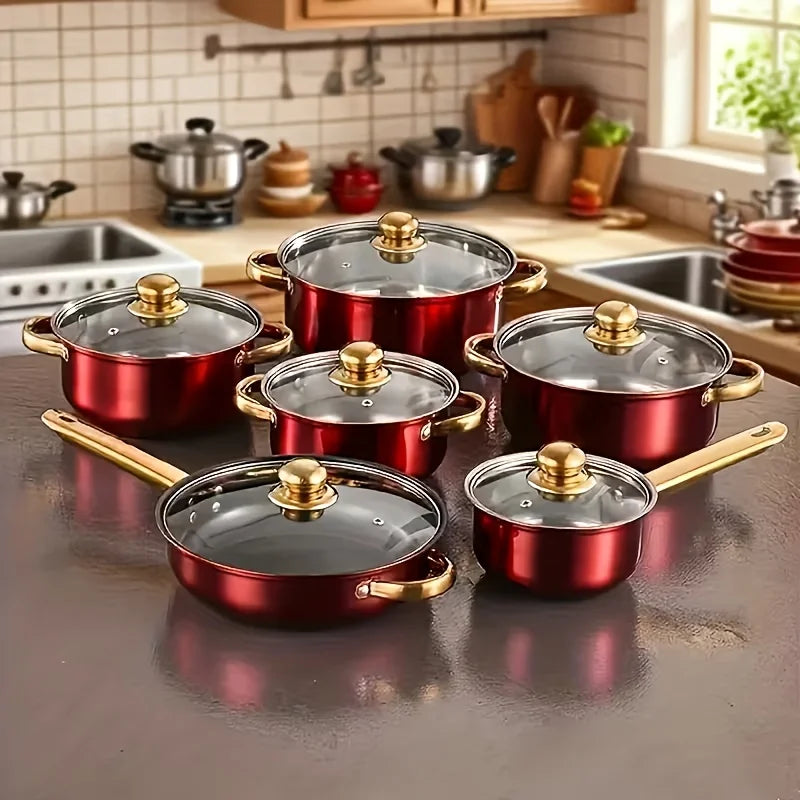 13pcs Stainless Steel Cookware Set, Golden Handles