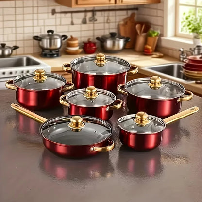 13pcs Stainless Steel Cookware Set, Golden Handles
