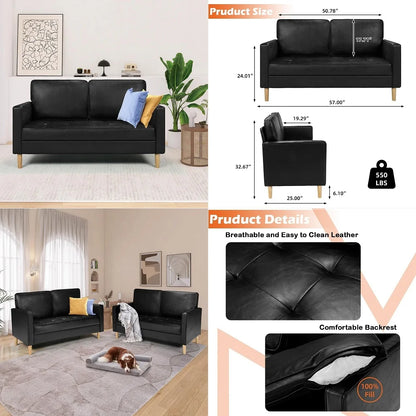 Black Faux Leather MidCentury Modern Comfy Loveseat