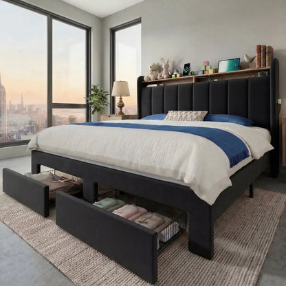 Bed Frame, 2 Storage Drawers/Tier Shelves