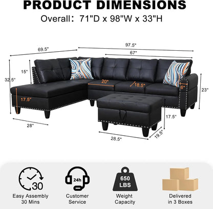 Sectional Sofa Couch, Modern, Chaise Lounge, 2 Pillows