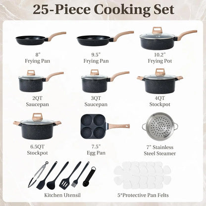 25-Piece Nonstick Cookware Set, Induction Compatible, PFOA/PFOS Free Black Kitchen Pots and Pans