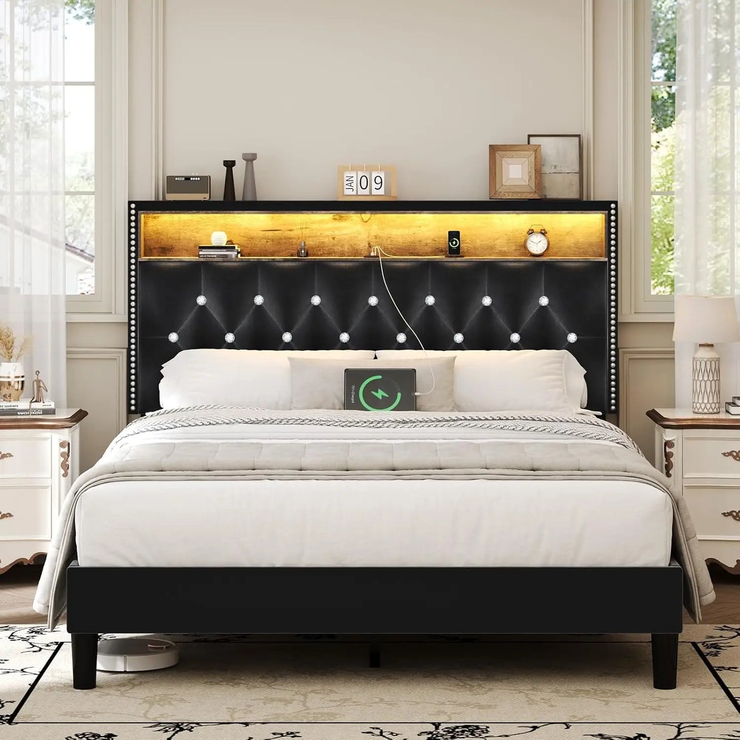 Queen LED Upholstered Bed Frame with Headboard