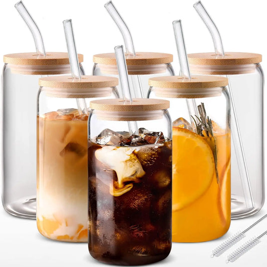 6 18.6oz Drinking Glasses, Bamboo Lids, Glass Straw