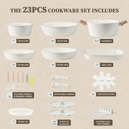 Ceramic 23-Piece Detachable-Handle Cookware Set Nonstick Induction Safe