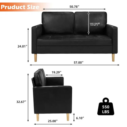 Black Faux Leather MidCentury Modern Comfy Loveseat