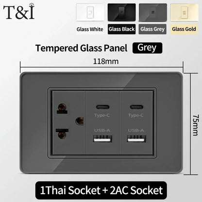 118 Series 118*75mm Tempered Glass US Thai Wall Socket Dual USB Type-C Ports Light Switch Smart Home Appliance 110V Home Office